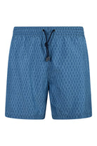 Blue herringbone-print quick-dry swim shorts with elastic waistband and drawcord