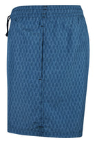 Blue herringbone-print swim shorts, rear view with elastic waistband and back pocket