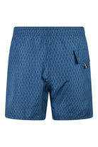 Blue herringbone-print swim shorts with elastic waistband and side pocket detail