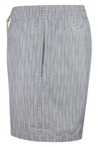Patterned swim shorts in grey with lilac tones, elastic waistband and center seam