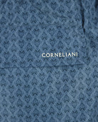 Petrol blue swim shorts with CORNELIANI logo patch and fleur print