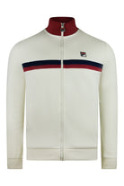 Cream track jacket with burgundy and navy chest stripe; full front zipper.