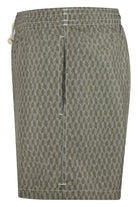Men's herringbone print swimshorts, rear view with central seam and elastic hem