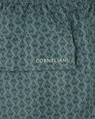 Teal swim shorts with allover fleur print and CORNELIANI waistband label