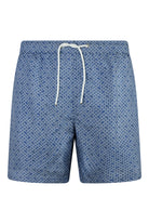 Men's blue swim shorts with micro shark geometric allover print and white drawstring