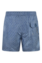 Men's blue swim shorts with micro shark geometric allover print and side pocket
