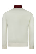 Cream track jacket with burgundy stand collar; plain back view.