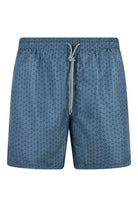 Men's quick-dry swim shorts in petrol blue with fleur pattern and drawstring waist