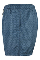 Men's quick-dry swim shorts back view, petrol blue fleur print with elastic waist