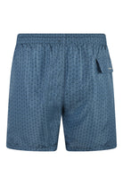 Men's quick-dry swim shorts side view, petrol blue fleur print with flap pocket