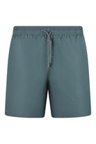 Green swim shorts with elastic waist and drawstring; front seam detail