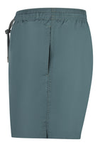 Green swim shorts, back view with elastic waistband and side tie pull cord