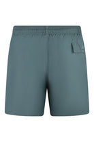 Green swim shorts with elastic waist and back pocket flap