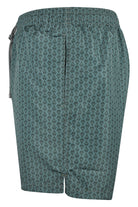 Teal swim shorts back view with fleur monogram print and central seam