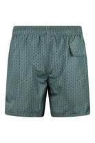 Teal swim shorts with fleur monogram print and side pocket openings
