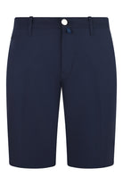 Navy stretch chino shorts with belt loops and front five-pocket styling