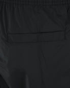 Black swim shorts close-up of front pocket and double-stitched panel