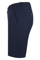Navy stretch chino shorts, side view with back darts and belt loops