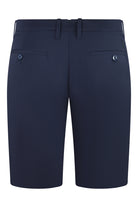 Navy stretch chino shorts with buttoned pockets and belt loops
