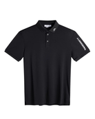 Black polo shirt, flat lay with button placket and J.Lindeberg logo on sleeve