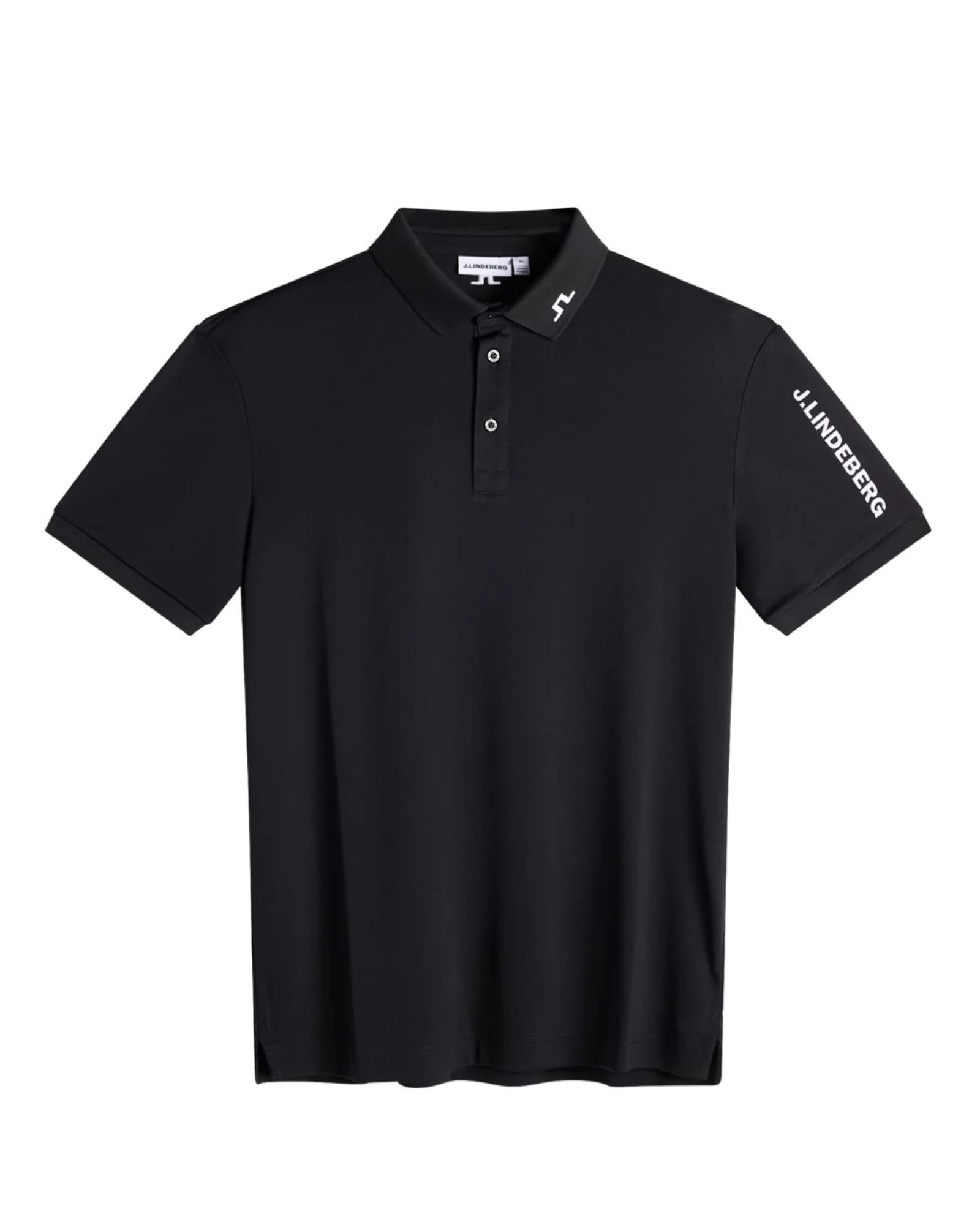 Black polo shirt, flat lay with button placket and J.Lindeberg logo on sleeve