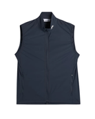 Navy sleeveless vest with high collar and full-length front zipper