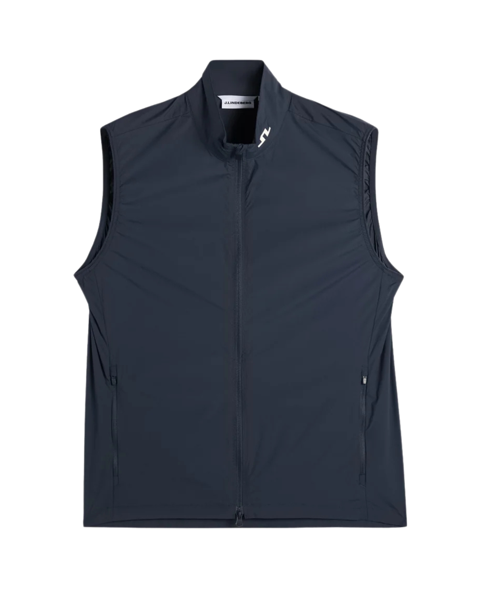 Navy sleeveless vest with high collar and full-length front zipper