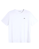 White crew-neck T-shirt, short sleeves, small chest logo on front