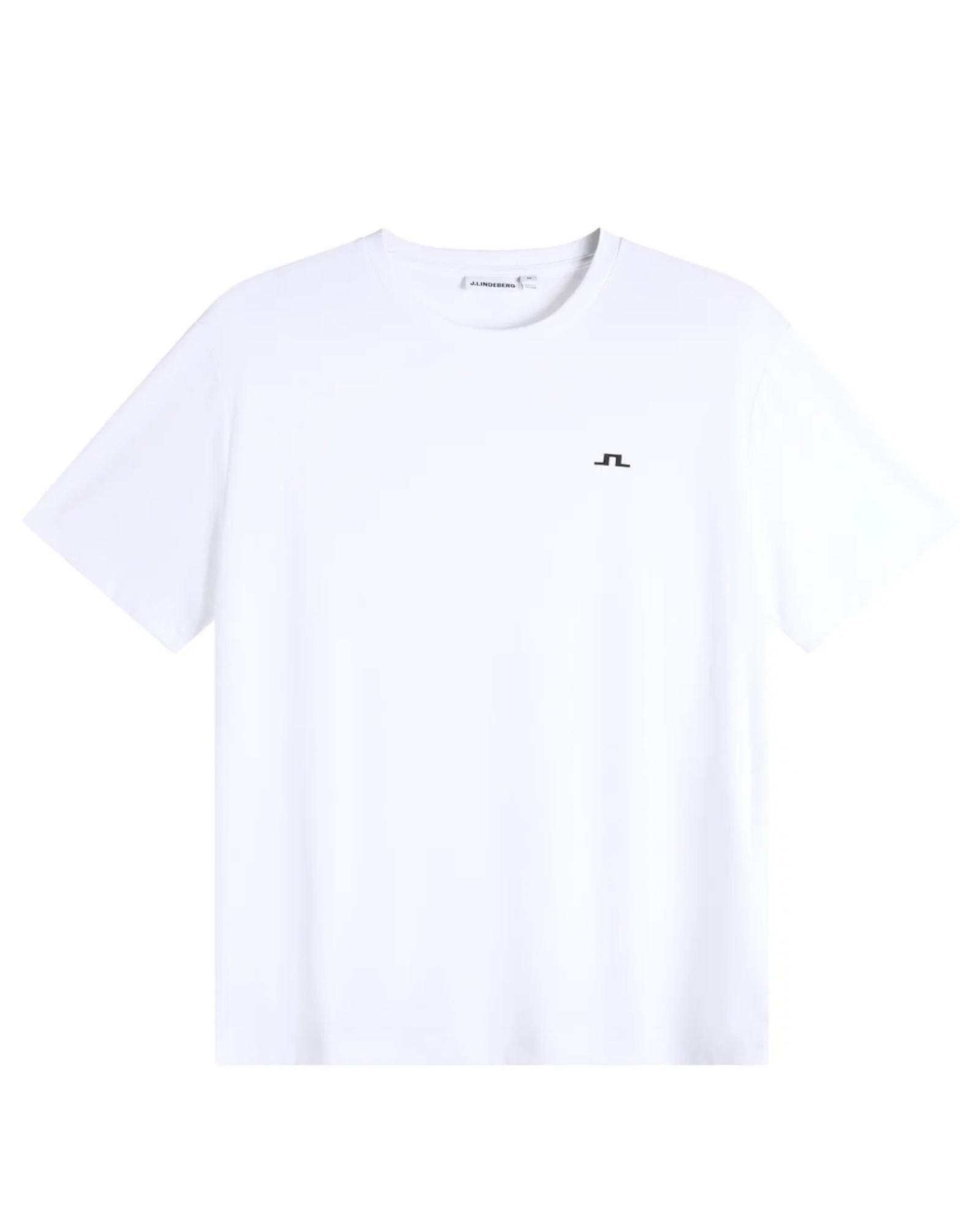 White crew-neck T-shirt, short sleeves, small chest logo on front