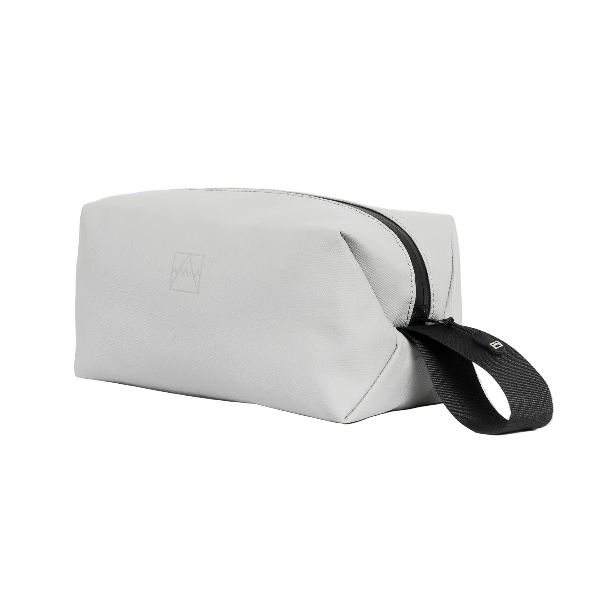 Waterproof wash bag in light gray with black-trim opening and wrist strap