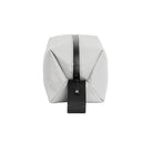 Waterproof wash bag end view in light gray with front strap and zip seam