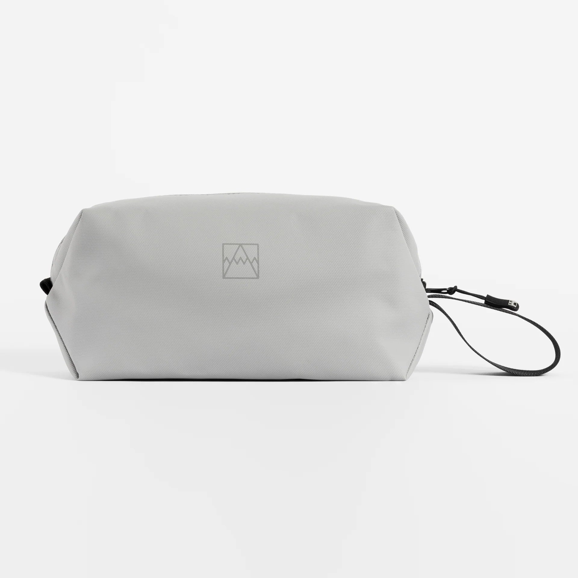 Waterproof wash bag in light gray with wrist strap and geometric logo patch