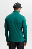 Men's teal quarter-zip mid layer with logo at back collar