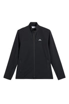 Black hybrid jacket with full-zip front and stand collar, JL logo on chest.