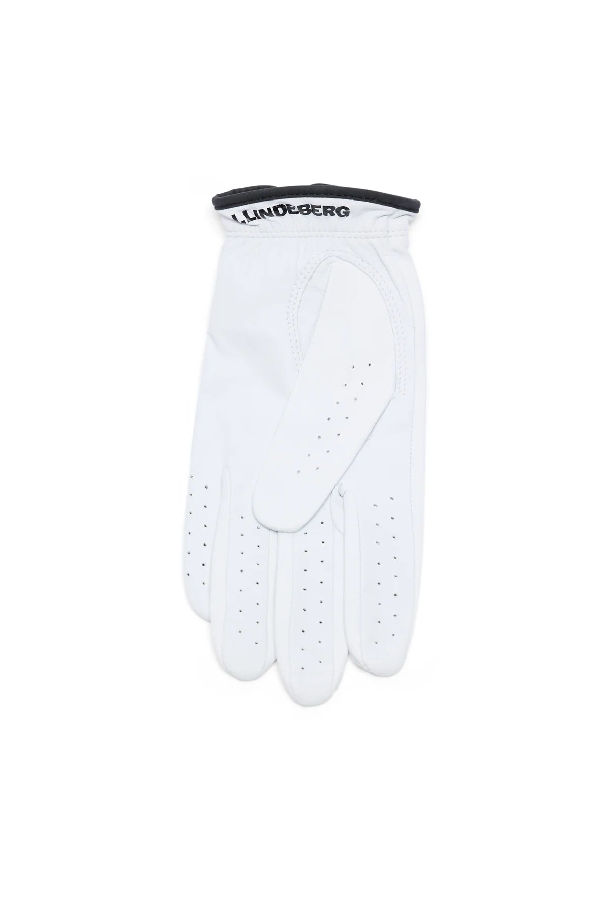 White golf glove with perforated fingers and Lindeberg branding on cuff