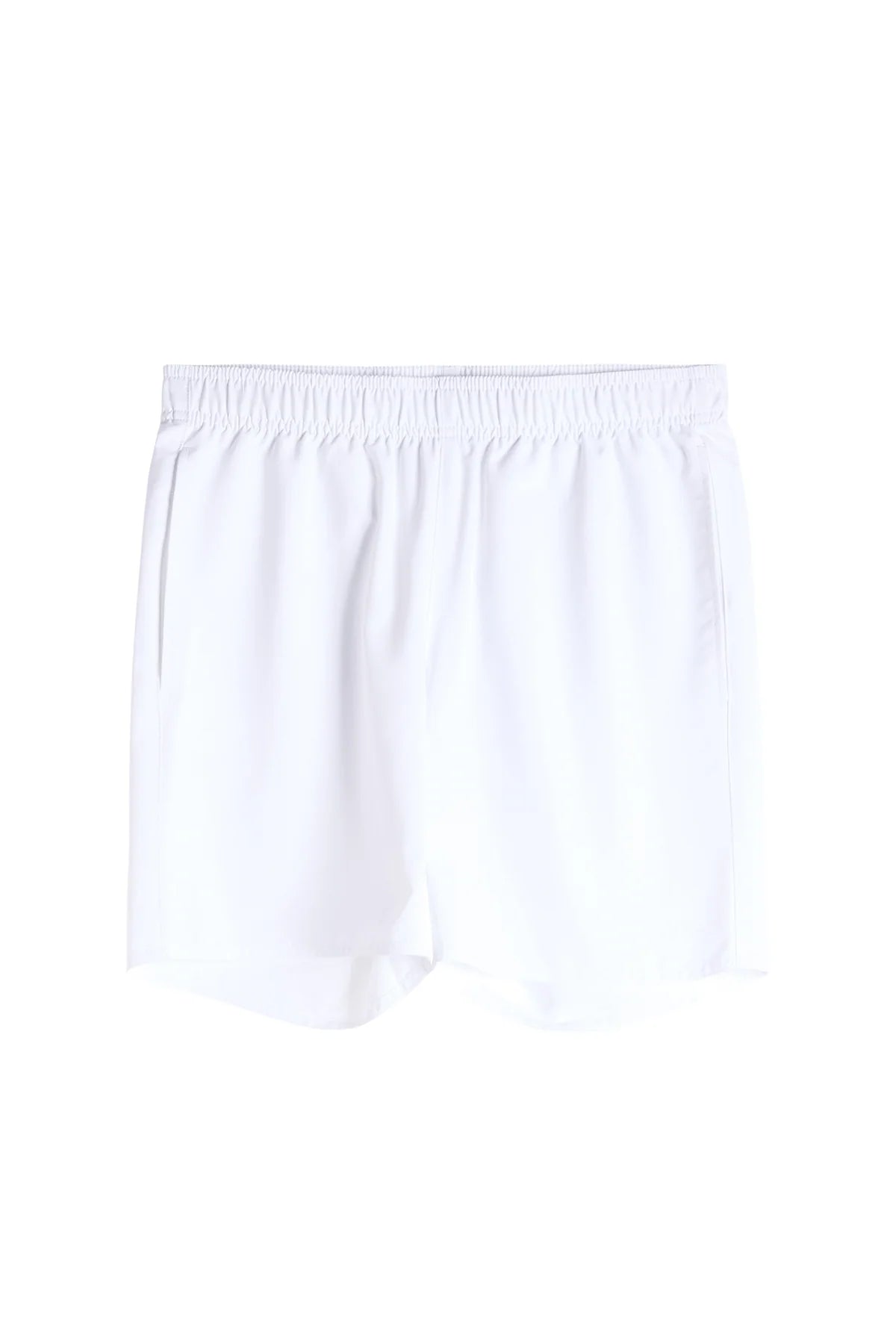 White pull-on shorts with elastic waistband and relaxed straight legs.