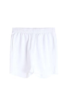 White pull-on shorts with elastic waistband and relaxed straight legs.