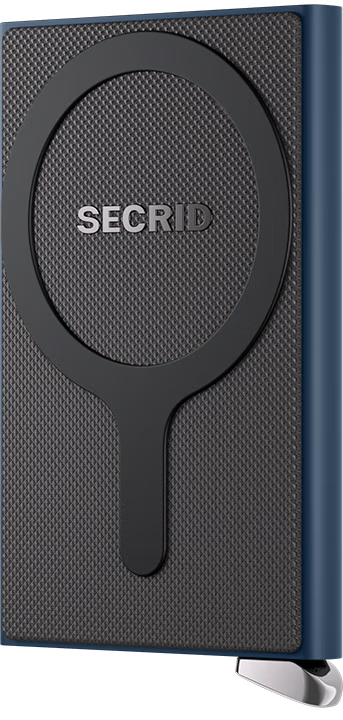 Navy card protector with textured surface, oval pull tab, and SECRID logo