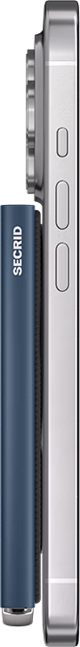 Navy card protector side view with metal accents and button detail