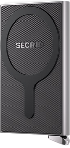 Silver card protector with black textured front and SECRID logo window