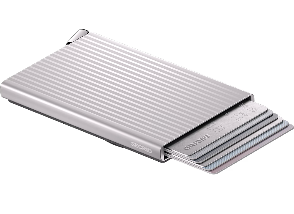 Silver fluted card protector with SECRID logo and partially visible cards