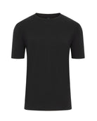 Black virgin wool t-shirt with crew neck, short sleeves, and straight hem