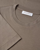 Zattura supima cotton t-shirt neckline close-up, mushroom
