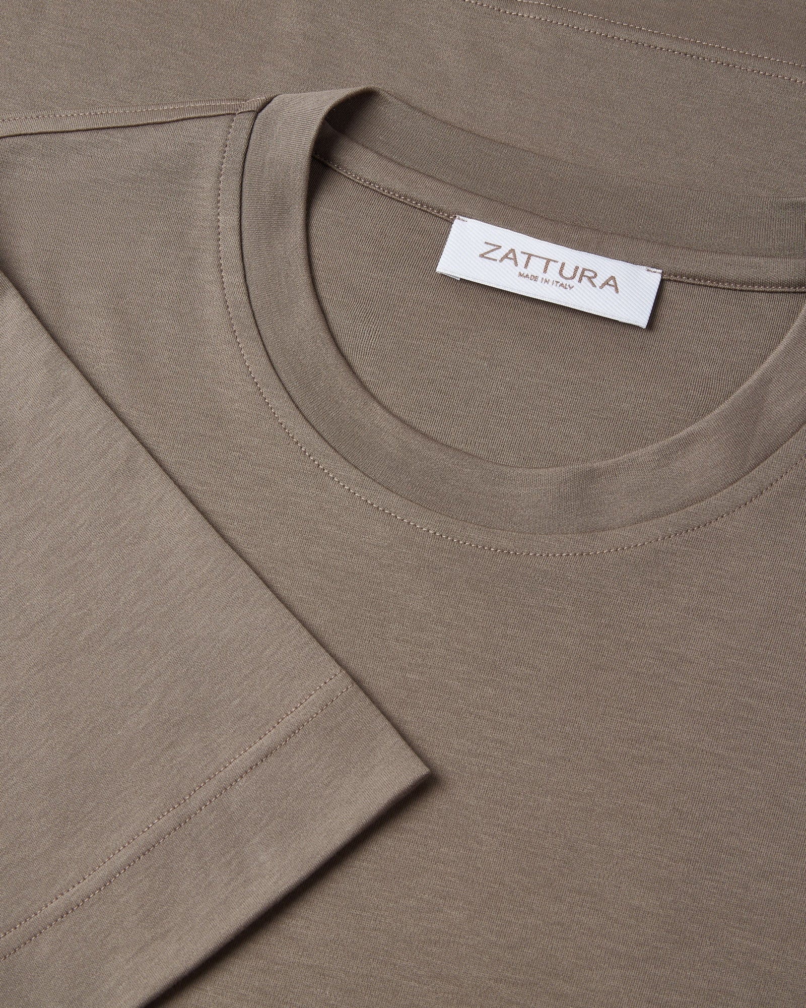 Zattura supima cotton t-shirt neckline close-up, mushroom