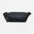 Midnight blue belt bag with front zip, adjustable webbing strap and D-ring