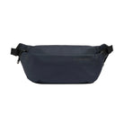 Midnight blue crossbody bag with padded zip opening and webbing strap ends