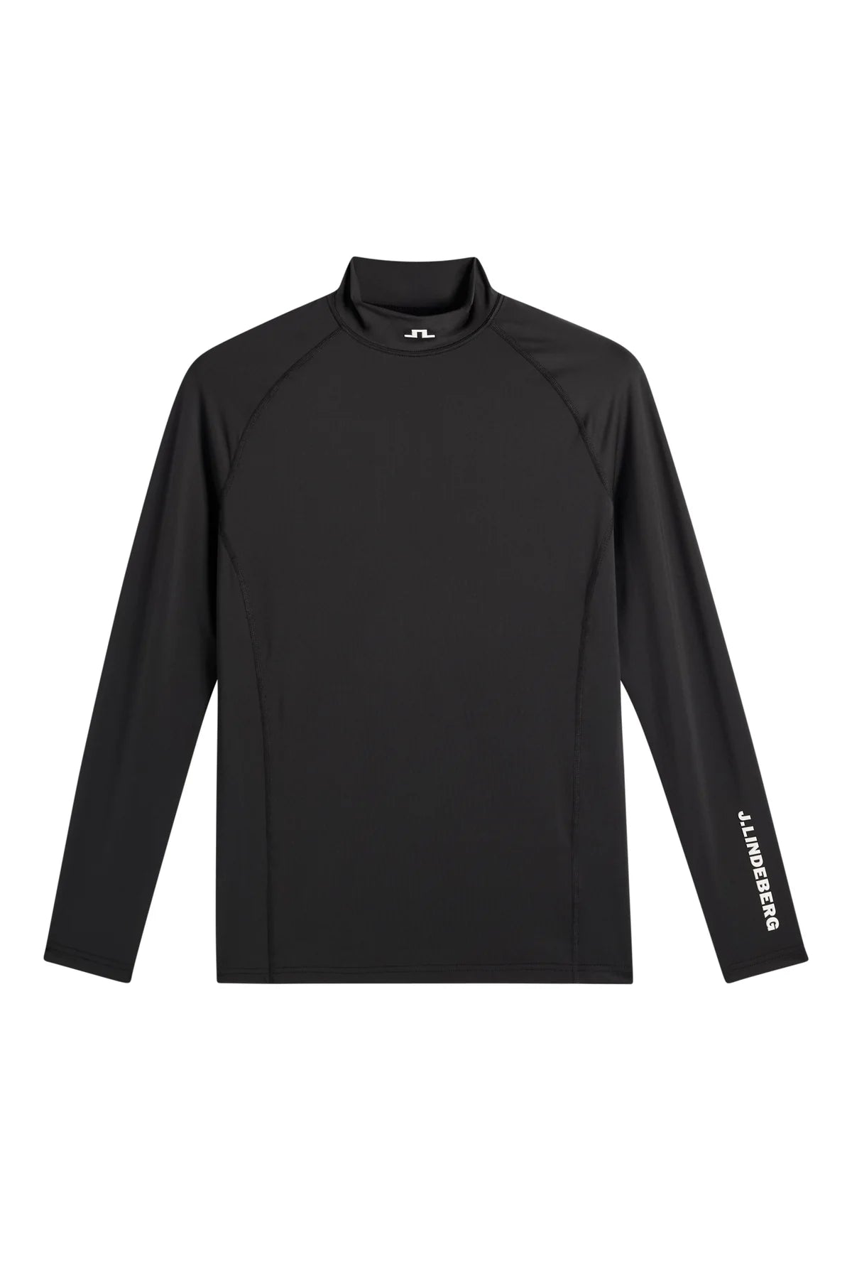 Black long-sleeve compression mock-neck top with sleeve logo, laid flat.