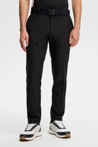 Black straight-leg pants with belt loops, center seam, and button-front closure