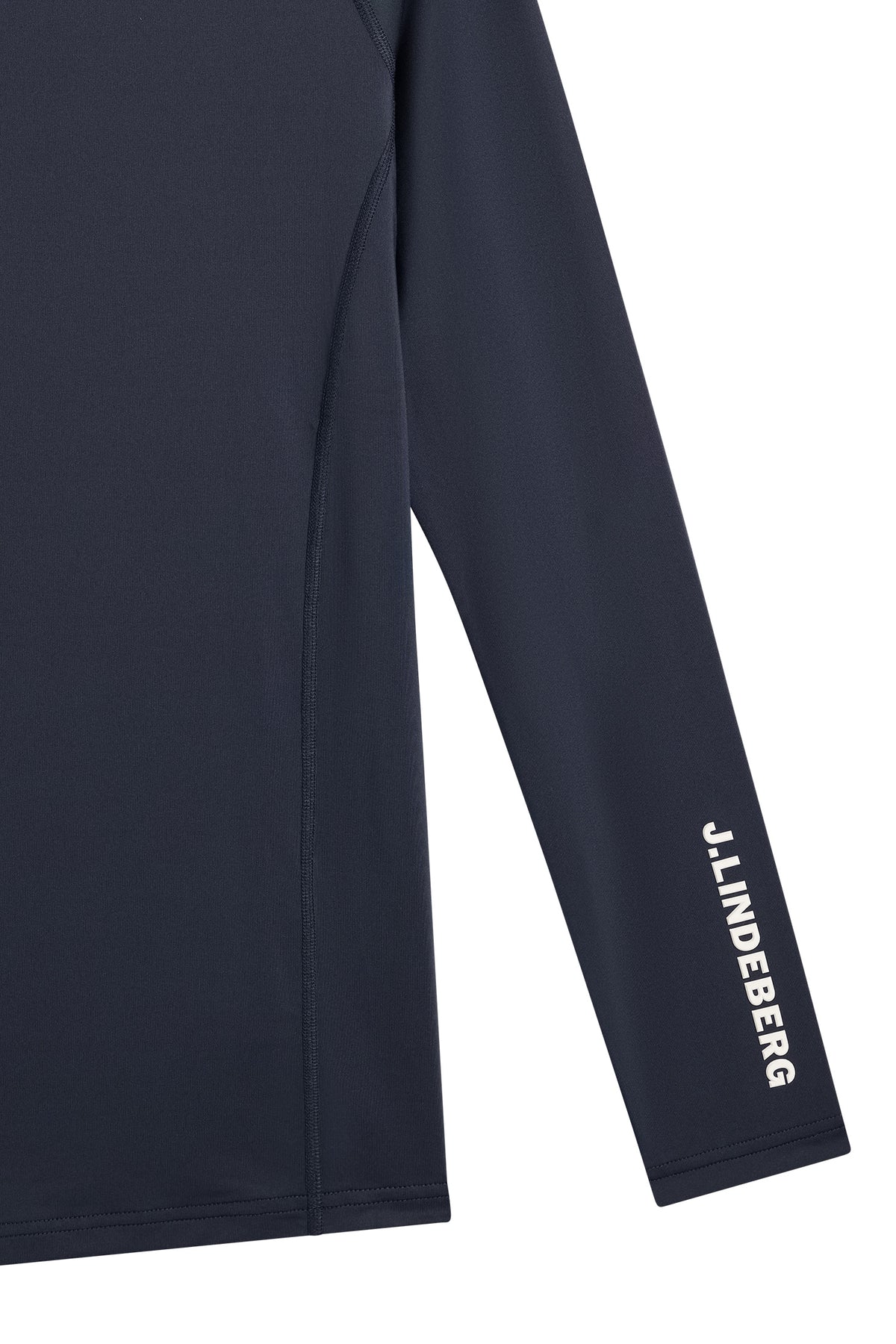 Navy compression top sleeve with vertical logo print and long straight silhouette