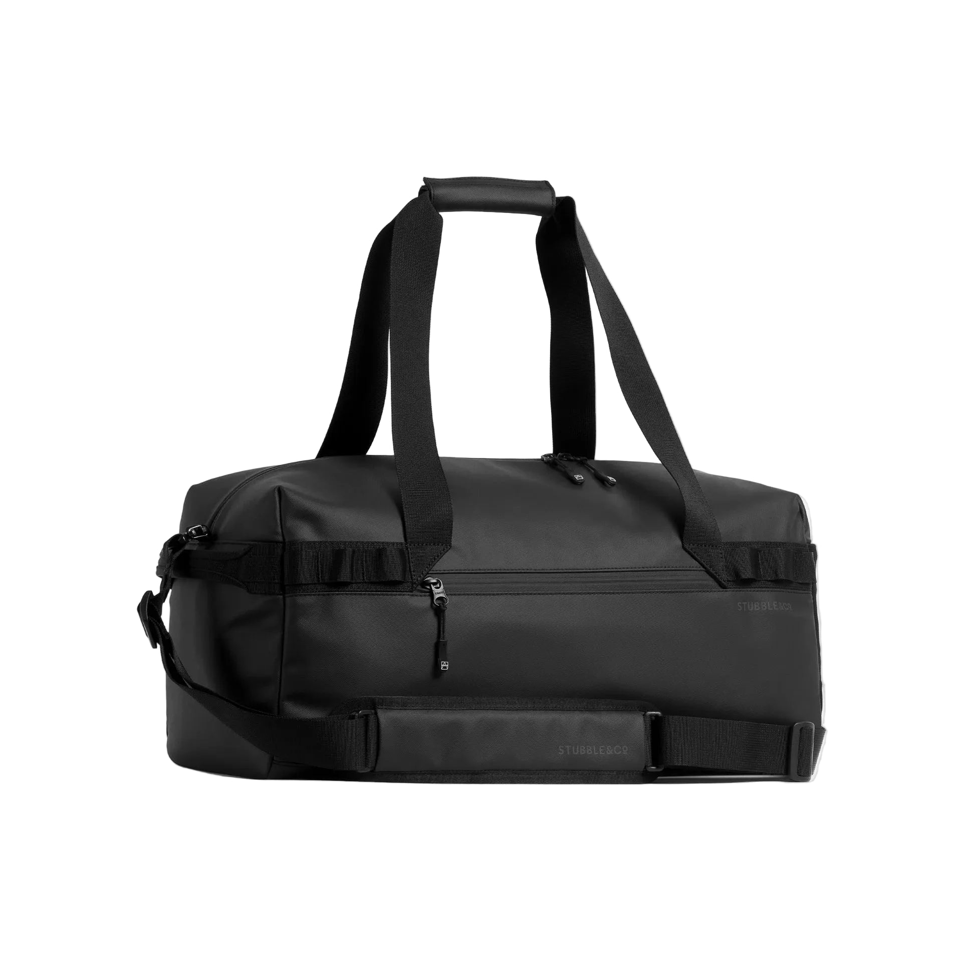 Stubble & Co gym duffel bag with two carry straps and front zipper, black